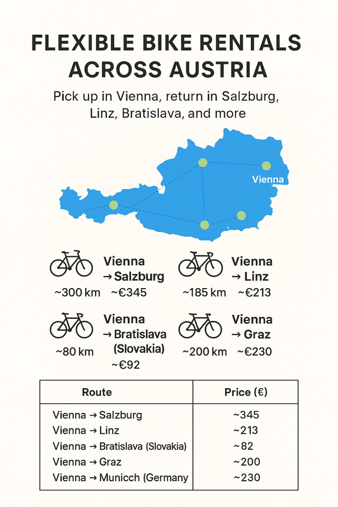 Flexible Bike Rentals Across Austria: Pick Up in Vienna, Return in Salzburg, Linz, Bratislava, and More