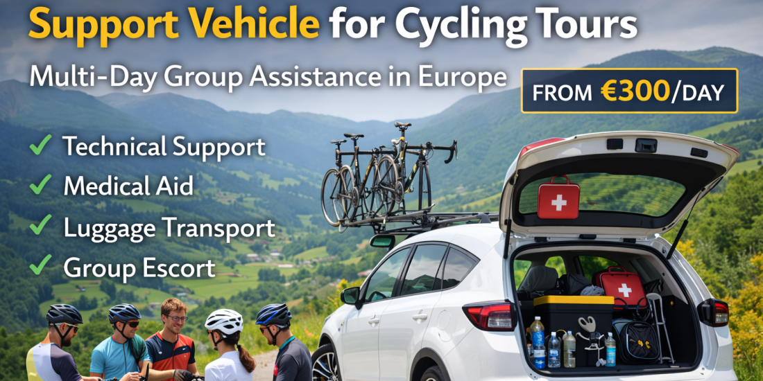Support Vehicle for Multi-Day Cycling Tours in Europe – Safety, Comfort, and Full Assistance for Your Group