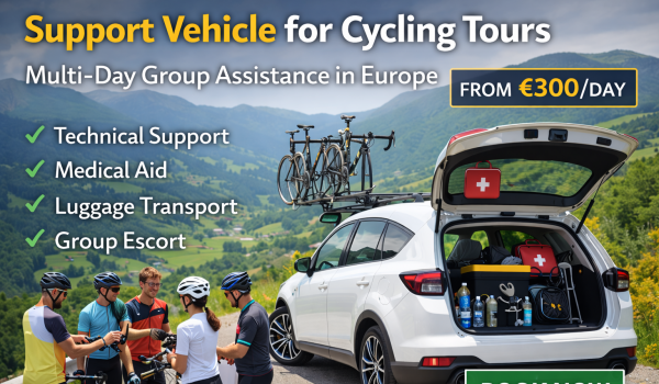 Support Vehicle for Multi-Day Cycling Tours in Europe – Safety, Comfort, and Full Assistance for Your Group